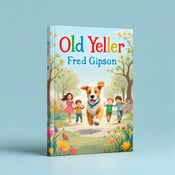 standing book mockup, Its title is "Old Yeller". Its author name is Fred Gipson.  The cover features a playful dog running with children in a park, surrounded by colorful illustrations of flowers and trees. The sky blue background adds a sense of joy and innocence. The title "Old Yeller" is displayed in playful and colorful fonts at the top of the cover, with the author's name, Fred Gipson, featured below in a more elegant and traditional font., The main visual elements are centered on the cover, with the title and author name neatly positioned at the top and bottom respectively.