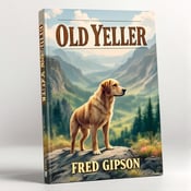 standing book mockup, Its title is "Old Yeller". Its author name is Fred Gipson.  The cover features a dramatic scene with a loyal dog standing on a cliffside, overlooking a vast and lush wilderness. The dog is positioned in the center, capturing attention and showcasing the bond between the protagonist and the animal. The wilderness background showcases the adventurous setting of the book. The title "Old Yeller" is displayed in bold, rugged letters at the top and bottom of the cover, framing the central image. The author's name, Fred Gipson, is placed at the bottom of the cover in a smaller, straightforward font., The title and author's name are strategically placed to enhance the overall composition. The central image of the dog on the cliffside remains the focal point, while the typography complements and balances the design.