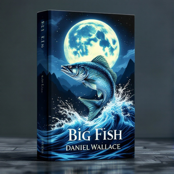 A large fish leaping from the water under a full moon, with silhouetted mountains in the background. The fish is vibrant and majestic, with scales that shimmer in the moonlight.
