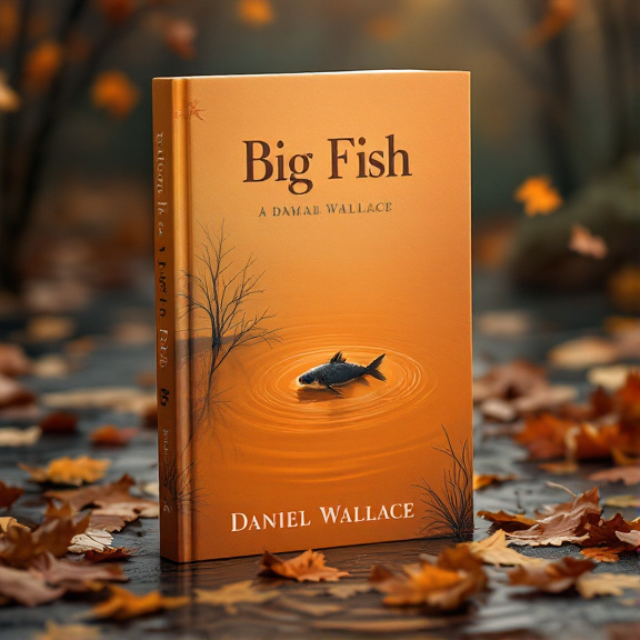 standing book mockup, Its title is "Big Fish". Its author name is Daniel Wallace.  The cover features a tranquil pond in warm orange hues, surrounded by fallen autumn leaves. A solitary fish is swimming peacefully in the calm water, creating ripples. The overall style of the illustration is serene and introspective. The book title "Big Fish" is written in a bold, slightly whimsical font, emphasizing the drama genre. The author name "Daniel Wallace" is written in a more elegant, yet legible font, placed below the title., The title and author name are centered at the top and bottom of the cover respectively, allowing the visual elements to take center stage. The fish is positioned off-center, creating a sense of movement and intrigue.