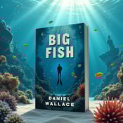 standing book mockup, Its title is "Big Fish". Its author name is Daniel Wallace.  An underwater scene with a diver in the center, surrounded by a school of colorful fish. In the background, there is a sunken ship, half buried in sand, with rays of sunlight penetrating the water. Bold and dynamic font for the book title "Big Fish", with a more elegant and flowy font for the author name "Daniel Wallace"., The book title is placed at the top of the cover, slightly curved to mimic the movement of the water. The author name is positioned at the bottom, also curved to follow the shape of the fish.