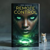standing book mockup, Its title is "Remote Control". Its author name is Nnedi Okorafor.  The cover features a close-up of a mysterious face with piercing green eyes. In the foreground, there is an alien artifact, glowing with an emerald green light. Behind the face, there is a subtle silhouette of a small town, shrouded in darkness. A small fox companion is seen in the corner, peeking out from behind the face, adding an element of intrigue. The title "Remote Control" is displayed in bold, futuristic font, with a metallic sheen. The author's name, Nnedi Okorafor, is written in a more elegant, cursive font, adding a touch of sophistication., The face and alien artifact are the focal points, placed centrally on the cover. The town silhouette is positioned as a background element, adding depth. The fox companion is placed in the bottom corner, balancing the composition.