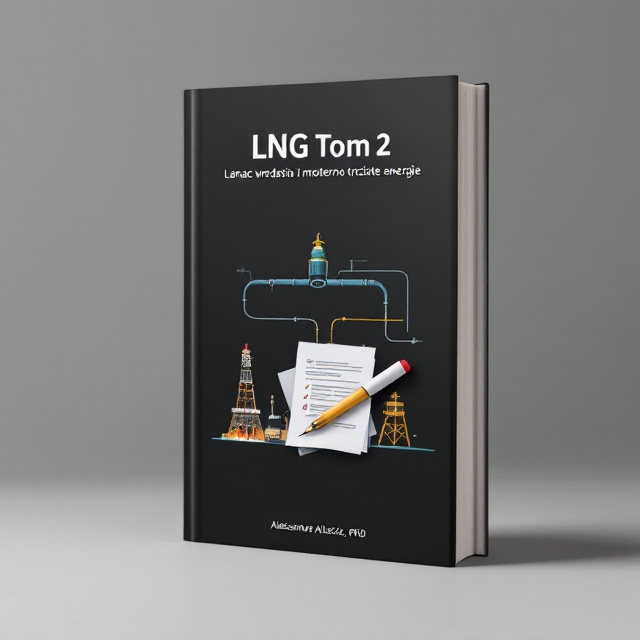 The cover features a minimalistic design with a black background. At the center of the cover, there is a gas well and an LNG terminal connected by a chain representing the "Lanac vrednosti i moderno tržište energije" (Chain of Values and Modern Energy Market) theme. Above the chain, there is a gas pipeline symbolizing the energy flow. On top of the pipeline, there is a contract, partially rolled, with a pen ready to sign.