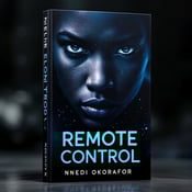 standing book mockup, Its title is "Remote Control". Its author name is Nnedi Okorafor.  The cover features a close-up of a determined and strong face looking out towards the viewer. The face is partially illuminated by a mysterious light source, casting shadows and highlighting the determination in the character's eyes. Distant stars are subtly integrated into the background, creating a sense of solitude and adventure. A weapon, such as a futuristic remote control device, is subtly incorporated into the composition, enhancing the book's action and adventure genre. The title "Remote Control" is displayed in bold and impactful font, with a deep blue color that complements the cover's overall theme. The author's name, Nnedi Okorafor, is presented in a clean and elegant font, placed beneath the title., The title and author's name are positioned at the bottom of the cover, allowing the main visual elements to take center stage. The typography is centered and aligned, creating a balanced composition.