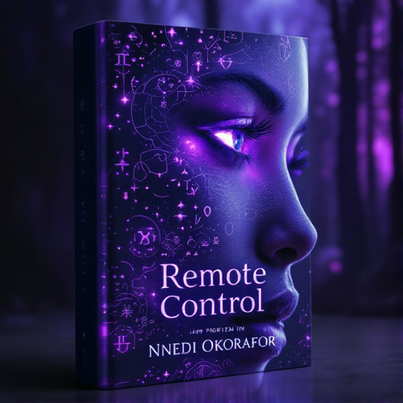 standing book mockup, Its title is "Remote Control". Its author name is Nnedi Okorafor.  A close-up of a contemplative face in profile, bathed in a soft violet glow. Ancient symbols are subtly etched on the skin, blending with the ethereal glow. The face is centered on the cover, with a dark forest background fading into the distance. The book title "Remote Control" is written in an elegant and slightly mystical font, with a violet gradient effect that matches the overall color scheme. The author name "Nnedi Okorafor" is written in a more understated serif font, positioned below the book title., The title and author name are placed at the top and bottom of the cover respectively, with the face serving as the central focus. The placement of the elements creates a balanced composition and allows the face to draw the reader's attention.