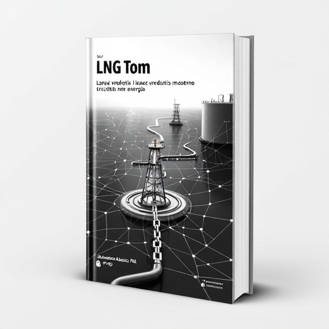 A black and white image of a gas well placed in the center of the cover, with a chain-like pipeline spreading out from it, creating a net-like pattern. A large LNG tank is positioned on the top right corner of the cover.