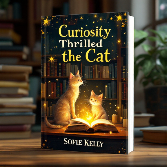 The cover features a cozy reading nook with a bookshelf filled with books. On the bookshelf, we see two magical cats perched on top, observing a mystical glowing book. The cats are surrounded by an air of intrigue and curiosity. The overall style is whimsical and inviting, with warm yellow hues creating a comforting atmosphere.