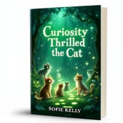 standing book mockup, Its title is "Curiosity Thrilled the Cat". Its author name is Sofie Kelly.  The cover features a lush, emerald green enchanted forest as the background, with rays of light streaming through the trees. In the foreground, there are several cats with glowing eyes and sparkles surrounding them. They are exploring the forest, following a trail of glowing paw prints that lead to a mysterious destination. The title "Curiosity Thrilled the Cat" is displayed in an elegant, whimsical font with a slight magical glow. The author's name, Sofie Kelly, is presented in a more understated, classic font at the bottom of the cover., The title is centered at the top of the cover, with the author's name aligned to the right at the bottom. The cats and enchanted forest scene take up the majority of the cover, creating a dynamic and engaging visual.