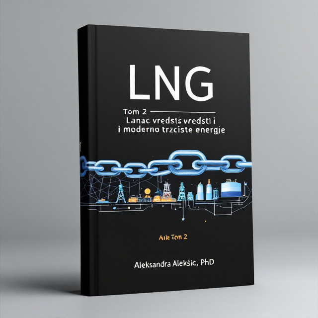 The cover features a black background with a chain-like pipeline running horizontally across the middle. On the left side of the pipeline, there is a net-like pattern representing the interconnectedness of the energy market. On the right side, there are illustrations of gas contracts, wells, and a large LNG tank, highlighting the book's focus on the LNG industry.