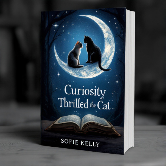A midnight blue background with a large crescent moon in the center. On the moon, two cats are perched, looking down at an open ancient tome below.