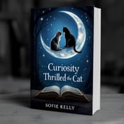 standing book mockup, Its title is "Curiosity Thrilled the Cat". Its author name is Sofie Kelly.  A midnight blue background with a large crescent moon in the center. On the moon, two cats are perched, looking down at an open ancient tome below. The book title "Curiosity Thrilled the Cat" is written in a mystical font style in silver color. The author name "Sofie Kelly" is written in a simpler font below the title., The title and author name are placed at the bottom of the cover, centered horizontally. The visual elements of the crescent moon, cats, and ancient tome dominate the top half of the cover.
