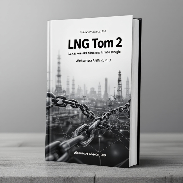 The cover features a black and white color scheme, with a minimalist design. The central element is a chain-like pipeline forming a net, symbolizing the interconnectedness of the modern energy market. In the background, there is a faded image of gas pipelines, further emphasizing the book's focus on the energy industry. The gas contract, well, and LNG tank serve as focal points, adding depth and interest to the overall composition.