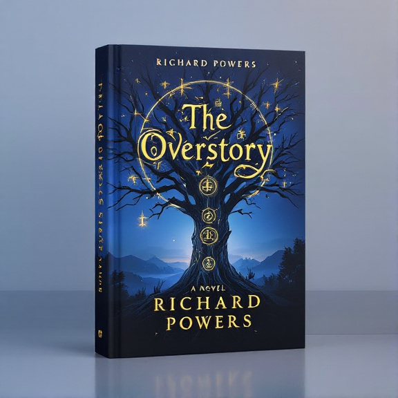 standing book mockup, Its title is "The Overstory: A Novel". Its author name is Richard Powers.  An ancient, gnarled tree stands tall in the center of the cover against a twilight sky. Mystical symbols are intricately carved into the bark of the tree, emitting a soft glow. The cover has a slightly ethereal and mysterious feel to it. The book title, "The Overstory A Novel," is written in a bold yet elegant font, placed at the top of the cover. The author's name, Richard Powers, is written in a smaller, more understated font at the bottom., The tree and symbols take up the majority of the cover, with the title and author name placed strategically to not overpower the visuals.