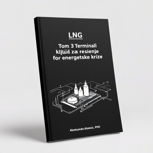 The cover features a minimalistic design with a black background. In the center, there is an illustration of an onshore LNG terminal, showcasing the key element of the book. The pipelines connecting the terminal are arranged in a chain link pattern, symbolizing the interconnectedness and importance of LNG terminals in solving the energy crisis. The illustration is in white, providing contrast against the black background.