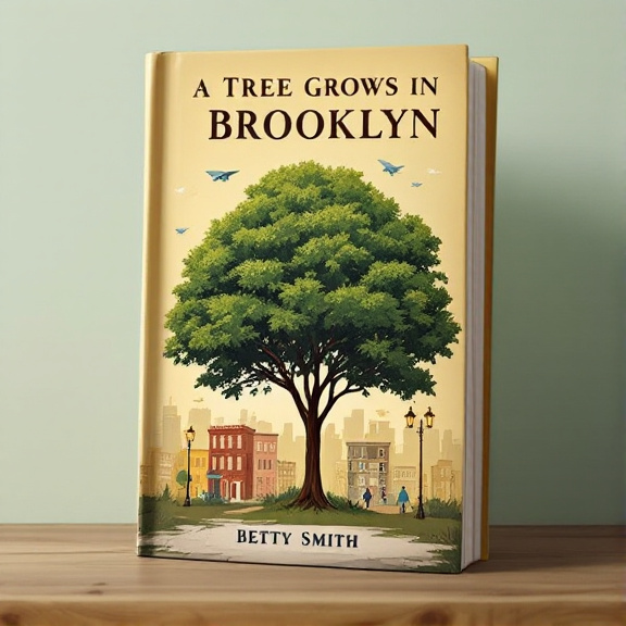 The cover features a prominent olive green tree in the center, symbolizing growth and resilience. Behind the tree, there is an urban landscape with vintage buildings, representing the setting of the story. Vintage details like old-fashioned lampposts and a paper airplane add a nostalgic touch to the design.