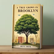 standing book mockup, Its title is "A Tree Grows in Brooklyn". Its author name is Betty Smith.  The cover features a prominent olive green tree in the center, symbolizing growth and resilience. Behind the tree, there is an urban landscape with vintage buildings, representing the setting of the story. Vintage details like old-fashioned lampposts and a paper airplane add a nostalgic touch to the design. The book title, "A Tree Grows in Brooklyn," is written in a bold, vintage-style font at the top of the cover, with the author's name, Betty Smith, in a more elegant, cursive font at the bottom., The tree is positioned in the center with the urban landscape and vintage details surrounding it. The title and author name are placed strategically at the top and bottom, respectively.