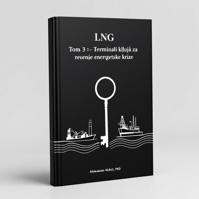 The cover features a minimalist design with a black background. On the top left corner, there is an illustration of an onshore LNG terminal, while on the bottom right corner, there is an illustration of an offshore LNG terminal. In the center of the cover, there is a key symbol, representing the importance of LNG terminals in solving the energy crisis. The illustrations and key symbol are depicted in white, creating a stark contrast against the black background.