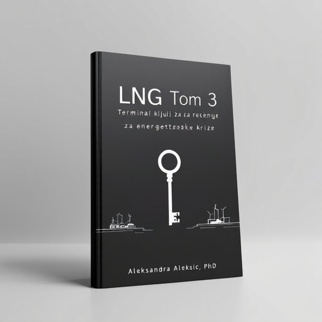 The cover features a minimalistic design with a black background. On the left side, there is an illustration of an onshore LNG terminal, while on the right side, an offshore LNG terminal is depicted. In the center, a key symbolizes the solution to the energy crisis.
