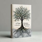 standing book mockup, Its title is "A Tree Grows in Brooklyn". Its author name is Betty Smith.  The cover features an abstract representation of a tree, created with a combination of flowing lines and geometric patterns. The tree is the central focus of the design, with textured layers adding depth and dimension. Surrounding the tree are abstract patterns that evoke a sense of contemplation and connection. The title "A Tree Grows in Brooklyn" is displayed in a bold, serif font, with the word "Tree" emphasized and integrated into the design. The author's name, Betty Smith, is displayed in a more delicate and refined font beneath the title., The tree is positioned slightly off-center, with the title and author name placed below it. The abstract patterns flow around the tree, creating a sense of movement and energy.