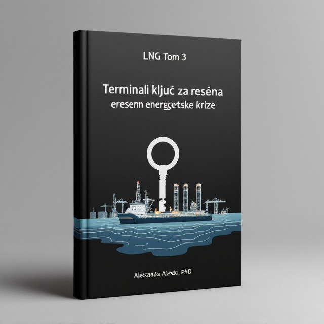 The cover features a minimalist design with a black background. In the center, there is an illustration of both onshore and offshore LNG terminals, representing the key solution to the energy crisis. The terminals are depicted in a clean and modern style, emphasizing their importance. A key symbol is positioned above the terminals, further emphasizing their significance in solving the crisis.