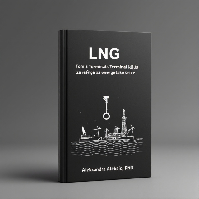 The cover features a minimalistic design with a black background. In the center, there is an illustration of both onshore and offshore LNG terminals, representing the main theme of the book. The terminals are depicted with clean lines and simple shapes, creating an interesting visual composition. Above the terminals, a key symbolizes the importance of these facilities in solving the energy crisis.