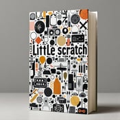 standing book mockup, Its title is "little scratch". Its author name is Rebecca Watson.  An intricate pattern of overlapping everyday objects and abstract shapes, creating a semi-chaotic yet balanced design. The objects are arranged in a way that reflects the book's themes of anxiety, chaos, and intrigue. The book title "little scratch" is written in a bold and slightly distorted font, mirroring the unsettling nature of the story. The author's name, Rebecca Watson, is written in a clean and elegant font., The title and author name are placed at the top and bottom of the cover respectively, allowing the central visual composition to take center stage. The title is larger and more prominent, drawing attention to the book's title.