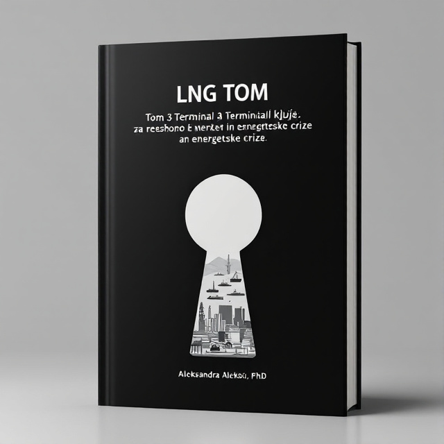 The cover features a minimalistic graphic pencil design with a black background. In the center, there is a keyhole shape, through which onshore and offshore LNG terminals can be seen.