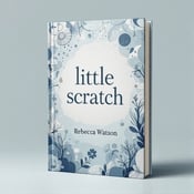 standing book mockup, Its title is "little scratch". Its author name is Rebecca Watson.  The cover features a layered design with a soft blue and gray color palette. The background is a subtle texture that adds depth to the design. At the center of the cover, there is an illustration of a small scratch, symbolizing the book's title. Around the scratch, there are various abstract illustrations that evoke curiosity and reflection. These illustrations are delicately intertwined with the background, creating a sense of depth and complexity. The title "little scratch" is written in a modern, elegant font in a soft gray color. The author's name, Rebecca Watson, is placed below the title in a smaller, simpler font to maintain a balanced composition., The elements are arranged in a balanced manner, with the title placed at the top center and the author's name at the bottom center. The illustrative motifs are distributed around the scratch, creating a harmonious composition.