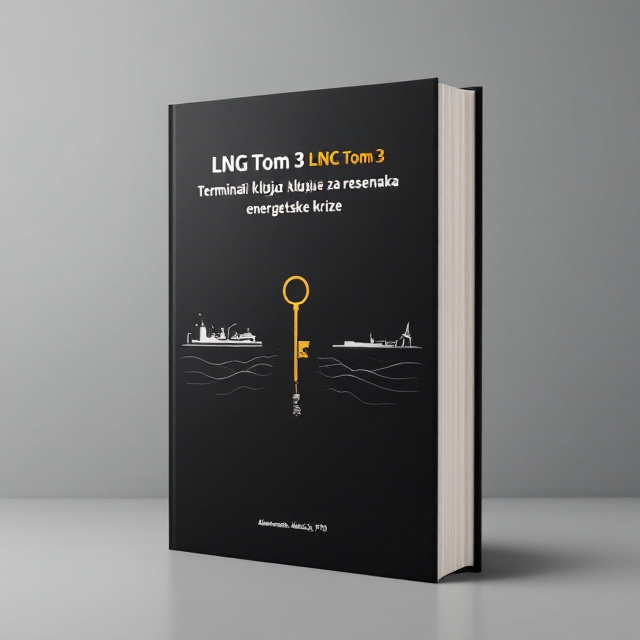 The cover features a minimalistic graphic pencil design with black background. On the left side, there is an illustration of an onshore LNG terminal, while on the right side, there is an illustration of an offshore LNG terminal. In between the terminals, a key symbolizes the solution to the energy crisis.