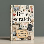 standing book mockup, Its title is "little scratch". Its author name is Rebecca Watson.  The cover features a mixed media collage of various nostalgic elements such as polaroid photographs, handwritten notes, and vintage objects. The imagery is arranged in a dynamic and layered manner, creating a sense of depth and complexity. The overall style is whimsical and evokes a feeling of discovery and curiosity. The title "little scratch" is rendered in a bold yet elegant serif font, with slightly distressed edges to add to the nostalgic aesthetic. The author name "Rebecca Watson" is displayed in a more delicate script font, adding a touch of femininity to the design., The title is positioned at the top center of the cover, with the author name below it, aligned to the right. The collage elements are arranged around the title, with some overlapping and extending beyond the edges of the cover, giving a sense of abundance and exploration.
