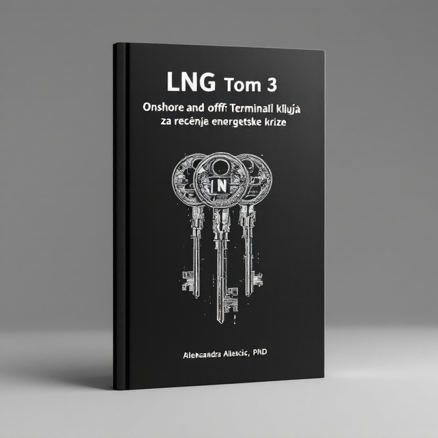 The cover features a minimalistic graphic pencil design with onshore and offshore LNG terminals depicted as keys. The terminals are positioned in the center of the cover, creating a focal point. The keys are drawn with intricate details, emphasizing their importance in solving the energy crisis. The black background adds a sense of mystery and represents the science and technology genre.