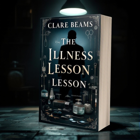 standing book mockup, Its title is "The Illness Lesson". Its author name is Clare Beams.  The cover features a dark, vintage room as the background, with a spotlight illuminating a collection of antique medical instruments in the foreground. A shadowy figure stands in the background, adding an element of mystery and intrigue to the scene. The title "The Illness Lesson" is displayed in a bold, vintage-inspired font, with a slight tilt to create a sense of unease. The author's name, Clare Beams, is written in a more elegant and delicate font, contrasting with the darker theme of the cover., The title is positioned at the top of the cover, spanning the width, while the author's name is placed at the bottom, aligned to the right. The visual elements are strategically arranged to create a balanced and visually appealing composition.