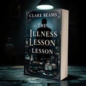 standing book mockup, Its title is "The Illness Lesson". Its author name is Clare Beams.  The cover features a dark, vintage room as the background, with a spotlight illuminating a collection of antique medical instruments in the foreground. A shadowy figure stands in the background, adding an element of mystery and intrigue to the scene. The title "The Illness Lesson" is displayed in a bold, vintage-inspired font, with a slight tilt to create a sense of unease. The author's name, Clare Beams, is written in a more elegant and delicate font, contrasting with the darker theme of the cover., The title is positioned at the top of the cover, spanning the width, while the author's name is placed at the bottom, aligned to the right. The visual elements are strategically arranged to create a balanced and visually appealing composition.
