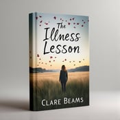 standing book mockup, Its title is "The Illness Lesson". Its author name is Clare Beams.  The cover features a wide open field at dusk, with tall grass swaying in the wind. In the sky, a flock of red birds is flying overhead, creating a sense of movement and wonder. In the center of the field stands a lone woman, looking both isolated and contemplative. The title "The Illness Lesson" is displayed in a bold, handwritten font, evoking a sense of melancholy and mystery. The author's name, Clare Beams, is written in a more elegant serif font, adding a touch of sophistication to the design., The title is placed at the top of the cover, spanning the width of the field. The author's name is centered at the bottom, allowing the imagery to take center stage. The woman is positioned slightly off-center, drawing attention to her presence within the wide expanse of the field.