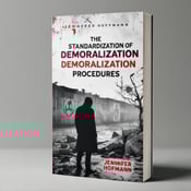 standing book mockup, Its title is "The Standardization of Demoralization Procedures". Its author name is Jennifer Hofmann.  A shadowy figure stands beside a fragmented Berlin Wall, with elements of the Stasi emblem subtly incorporated. The figure is positioned in the foreground, creating a sense of intrigue and tension. The fragmented Berlin Wall symbolizes the historical context of the book, while the Stasi emblem adds a mysterious element to the cover design. The book title, "The Standardization of Demoralization Procedures," is displayed in bold, uppercase letters, utilizing a font that conveys a sense of urgency and suspense. The author's name, Jennifer Hofmann, is written in a more elegant and sophisticated font, adding a touch of professionalism to the design., The figure and the Berlin Wall occupy the main portion of the cover, with the title and author's name placed strategically to ensure legibility without overpowering the visual elements. The placement of the title at the top and the author's name at the bottom creates a balanced composition.