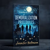 standing book mockup, Its title is "The Standardization of Demoralization Procedures". Its author name is Jennifer Hofmann.  The cover features a cityscape under a moonlit sky, with dark shadows and hidden documents peeking out. Silhouettes of spies are strategically placed within the cityscape, merging with the background. The title "The Standardization of Demoralization Procedures" is written in a bold, sans-serif font in navy blue, with a slight gradient effect to give it a sense of depth. The author's name, Jennifer Hofmann, is written in a more elegant script font in white, placed below the title., The title is centered at the top of the cover, with the author's name centered below it. The silhouettes of the spies and the hidden documents are scattered throughout the cityscape, creating a sense of intrigue and secrecy.