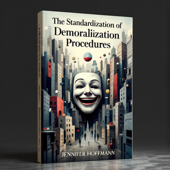 standing book mockup, Its title is "The Standardization of Demoralization Procedures". Its author name is Jennifer Hofmann.  Distorted buildings and abstract shapes twist and warp around a central laughing mask. The buildings appear unstable and chaotic, representing the absurdity of the narrative. The book title "The Standardization of Demoralization Procedures" is displayed in an elegant yet slightly distorted font, emphasizing the theme of distortion and absurdity. The author's name, Jennifer Hofmann, is written in a more straightforward, clean font., The book title is placed at the top of the cover, spanning the width of the book. The author's name is positioned at the bottom of the cover, aligned to the right. The central image of the laughing mask and distorted buildings takes up the majority of the cover, creating a visually striking composition.