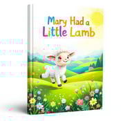 standing book mockup, Its title is "Mary Had a Little Lamb". Its author name is Unknown author.  A vibrant and playful illustration of a lamb prancing through rolling hills, with bright green grass and colorful flowers. The lamb is shown with a big smile and a sense of curiosity, while the sun shines brightly in the background. The book title "Mary Had a Little Lamb" is written in a whimsical and child-friendly font, with each word in a different color to add to the playful atmosphere., The illustration of the lamb takes up the majority of the cover, with the book title placed at the top, and the author name at the bottom. The rolling hills and the sun provide a beautiful backdrop for the main elements.
