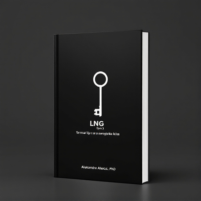 A black background with a clean and minimalistic illustration of LNG terminals in white. A key symbol is placed in the center, connecting the terminals and representing the solution to the energy crisis.