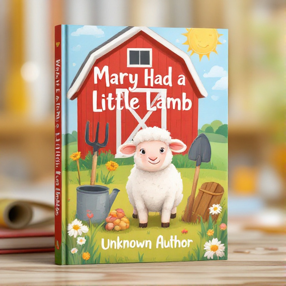A vibrant and playful illustration of a lamb standing in a field, surrounded by various farm tools such as a pitchfork, shovel, and watering can. The classic red barn is prominently featured in the background.