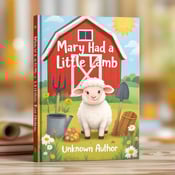standing book mockup, Its title is "Mary Had a Little Lamb". Its author name is Unknown author.  A vibrant and playful illustration of a lamb standing in a field, surrounded by various farm tools such as a pitchfork, shovel, and watering can. The classic red barn is prominently featured in the background. A fun and child-friendly font style is used for the book title "Mary Had a Little Lamb" and the author's name. The title is placed vertically on the left side of the cover, while the author's name is positioned horizontally at the bottom., The lamb and farm tools are placed in the center of the cover, creating a focal point. The title and author's name are strategically positioned to complement the visual elements without overpowering them.