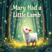 standing book mockup, Its title is "Mary Had a Little Lamb". Its author name is Unknown author.  The cover features a charming illustration of a cute lamb standing in a magical forest with tall, sparkling trees. The forest is filled with twinkling lights, giving a sense of magic and wonder. The lamb is looking up at the sky, as if it is in awe of something magical happening above. The overall style is whimsical and filled with imagination, capturing the essence of the children's fantasy genre. The book title, "Mary Had a Little Lamb," is displayed in a playful and enchanting font, with each word having a different color gradient, ranging from green to pink. The author's name is shown in a simple yet elegant font below the title., The title and author's name are positioned at the top and bottom of the cover, respectively, allowing the enchanting illustration to take center stage.