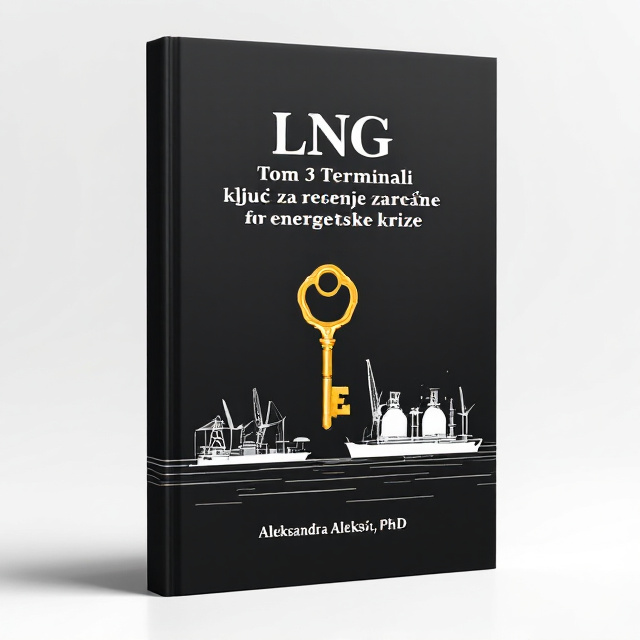 The book cover features a clean and minimalistic illustration style of LNG terminals in a white color against a black background. In the center, a golden key symbolizes the solution to the energy crisis, directly linking it to the book's title. The terminals and key are placed in a way that creates a focal point and draws the viewer's attention.