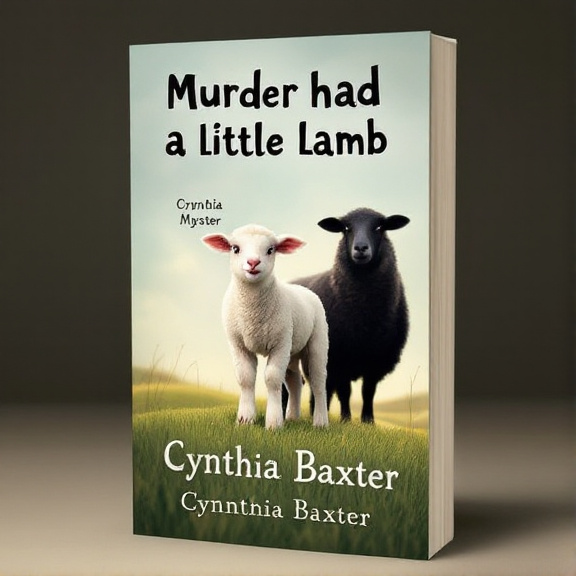 standing book mockup, Its title is "Murder Had a Little Lamb". Its author name is Cynthia Baxter.  A central image of a cute and friendly lamb with a mischievous expression, standing on a rolling green hill. Behind the lamb, there is a dark silhouette of a menacing sheep, adding an element of intrigue. The book title "Murder Had a Little Lamb" is written in a playful and whimsical font, with a slightly crooked arrangement to reflect the cozy mystery genre. The author's name, Cynthia Baxter, is displayed in a more elegant and classic font., The title and author's name are positioned at the top and bottom of the cover respectively, with the lamb image taking the central focus. The dark sheep silhouette is positioned slightly behind and to the side of the lamb.