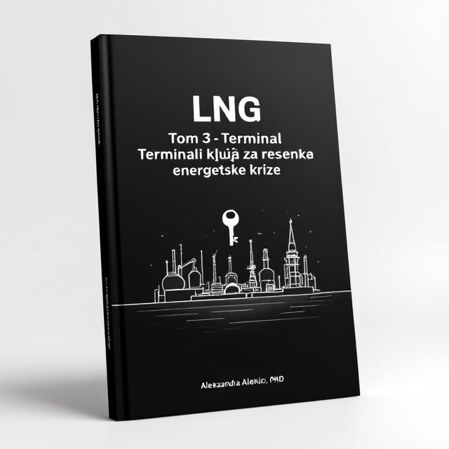 The cover features a clean and minimalistic illustration of LNG terminals in a bold white on a black background. In the center, a key is placed, symbolizing the solution to the energy crisis. The terminals and key are the focal point of the design, emphasizing their importance.