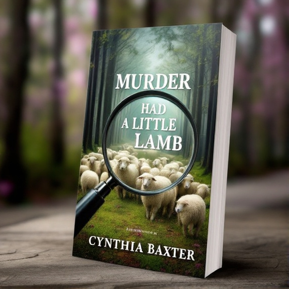 standing book mockup, Its title is "Murder Had a Little Lamb". Its author name is Cynthia Baxter.  The cover features a close-up of a magnifying glass positioned in the foreground, with multiple sheep grazing in a forest in the background. The image is in a realistic style with vibrant colors. The book title "Murder Had a Little Lamb" is displayed in bold, uppercase letters with a detective-themed font. The author name, Cynthia Baxter, is placed beneath the title in a more elegant and readable font., The title and author name are positioned at the top and bottom of the cover, respectively, allowing the focus to be on the visual elements in the middle.