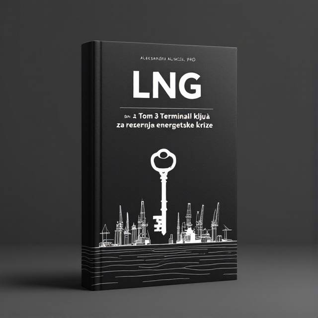 The book cover features a clean and minimalistic illustration of LNG terminals in white against a black background. In the center, a key symbolizing the solution to the energy crisis is placed, creating a focal point.