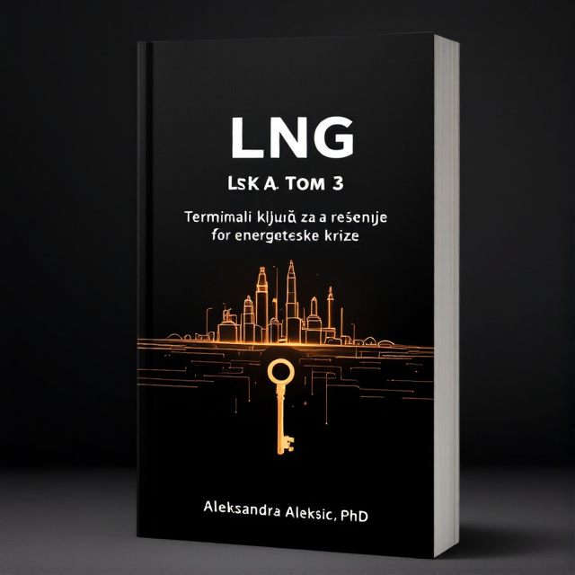 The cover features a black background with a clean and minimalistic illustration of LNG terminals in the center. The terminals are depicted with sharp lines and geometric shapes, creating a modern and technological feel. The title of the book is written in bold white font, positioned above the terminals. A key, representing the solution to the energy crisis, is placed below the title, adding an element of interest.