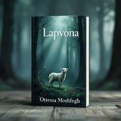standing book mockup, Its title is "Lapvona". Its author name is Ottessa Moshfegh.  A lamb standing at the edge of a dark forest, with rays of light breaking through the mist in the background. The lamb is positioned in the foreground, capturing attention and symbolizing innocence. A bold and elegant font for the book title "Lapvona" with a mystical touch, and a simple serif font for the author name "Ottessa Moshfegh" to maintain balance., The title is placed at the top of the cover, while the author name is positioned at the bottom, both in complementary colors to the primary color preference of deep green. The lamb is centered, drawing the viewer's eye towards it.
