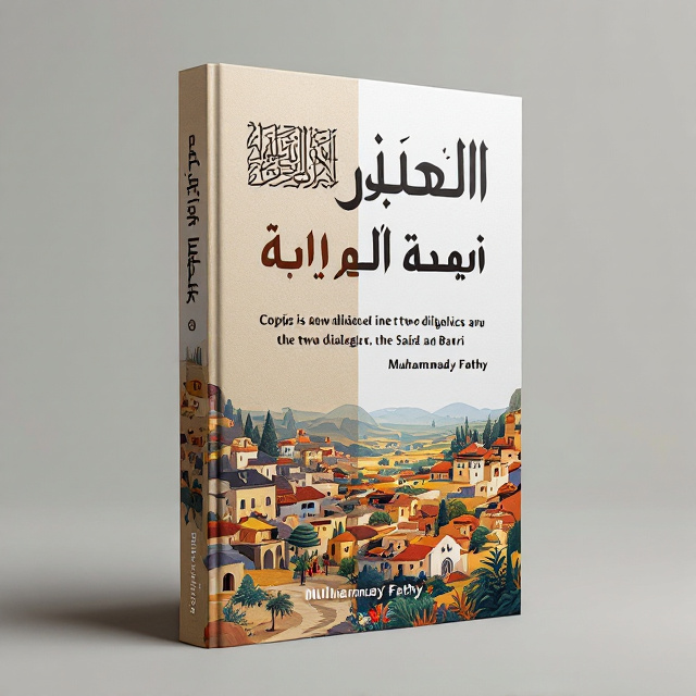 The cover features a split-screen design with two sections. The left side showcases a traditional Coptic script in a dark brown color against a light beige background, representing the Coptic language. The right side displays a vibrant, colorful illustration of the Egyptian countryside, capturing the essence of the two dialects - the Saidi and Bahri. The two sections are connected by a subtle line, symbolizing the comparison and analysis of the texts.